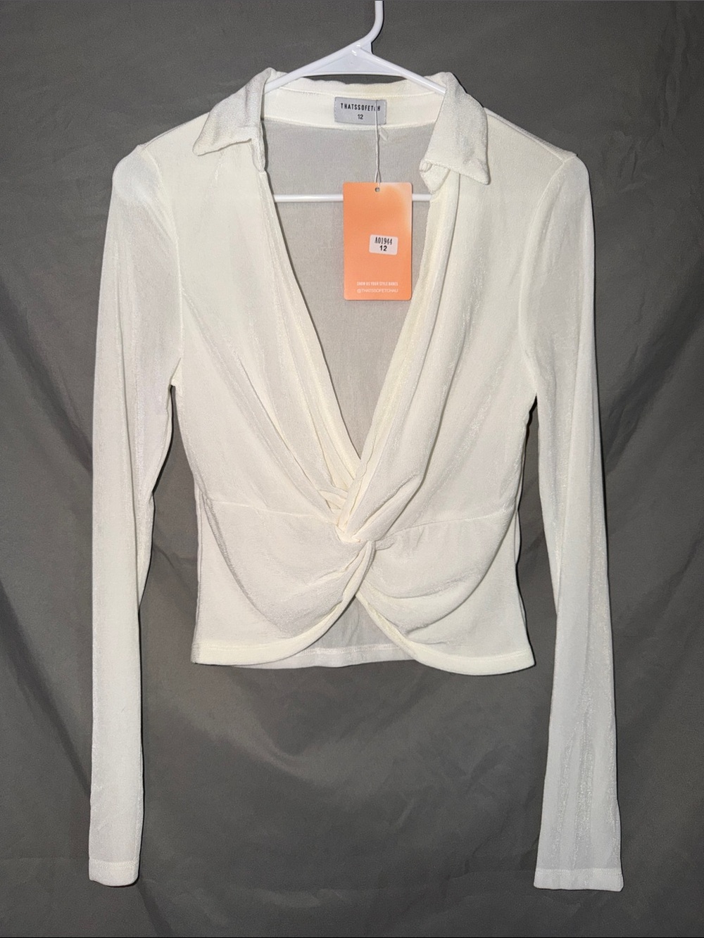 Cream Twist-Front Long Sleeve Top